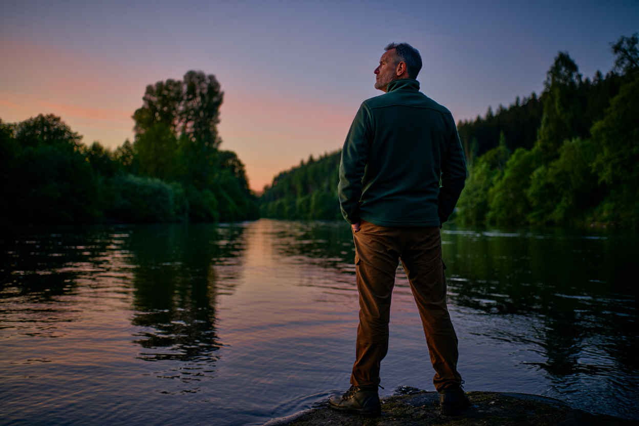 Martin Schreiber, Gründer von Flussweg Reisen, am Ufer des Rheins